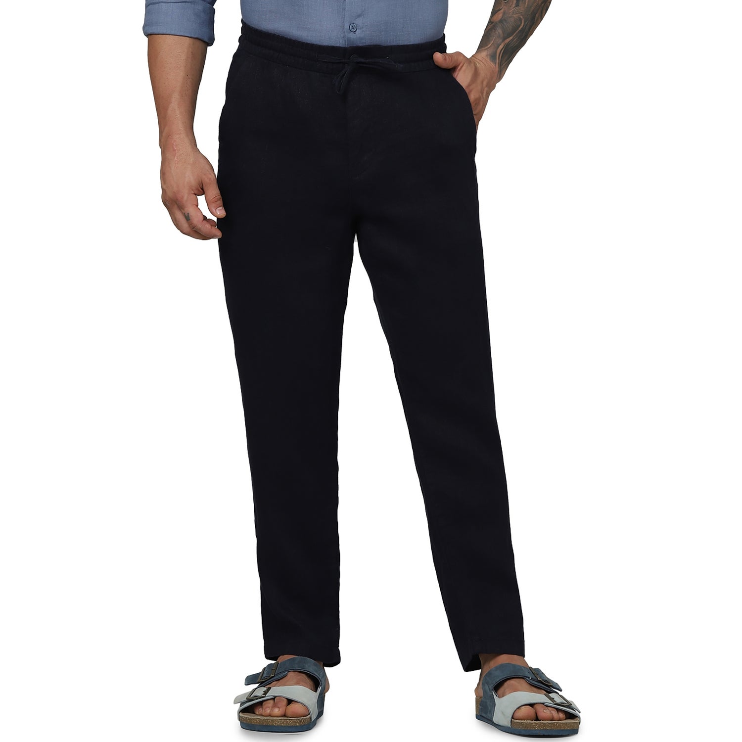 Men's Navy Blue Solid Regular Fit Linen Casual Trousers (DOLINUS1)