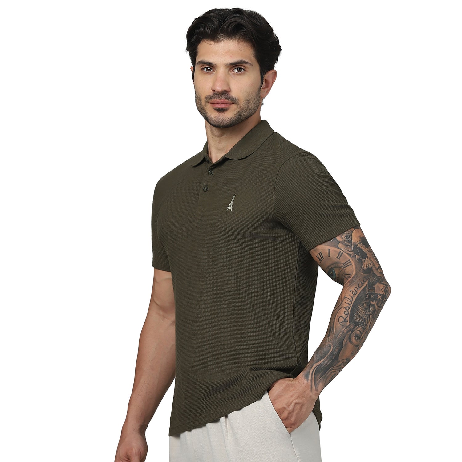 Men's Olive Polo Collar Solid Regular Fit Cotton Basic Polo Tshirts (GEWAFFLE)