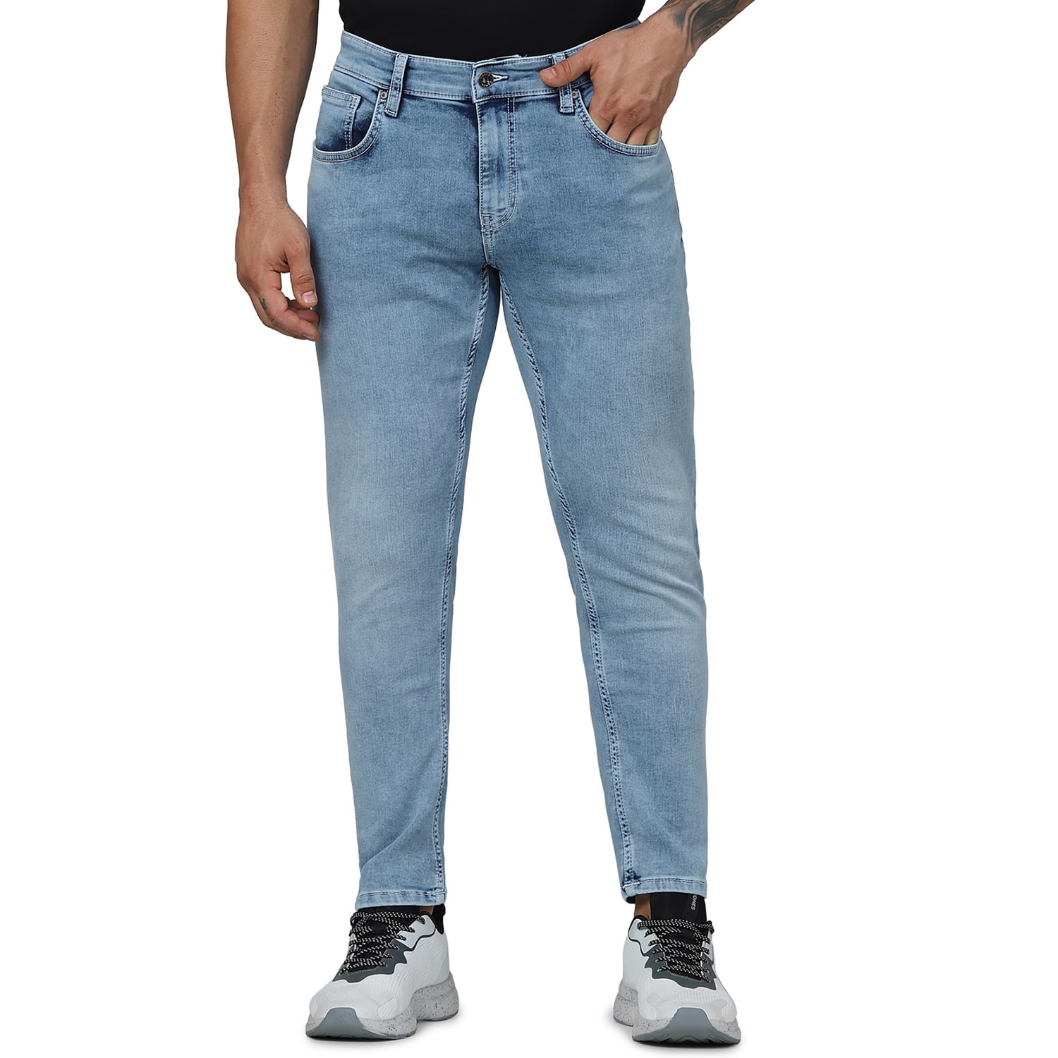 Men's Blue Solid Skinny Fit Cotton Knitted Ankle Length Jeans (GOANKLE)