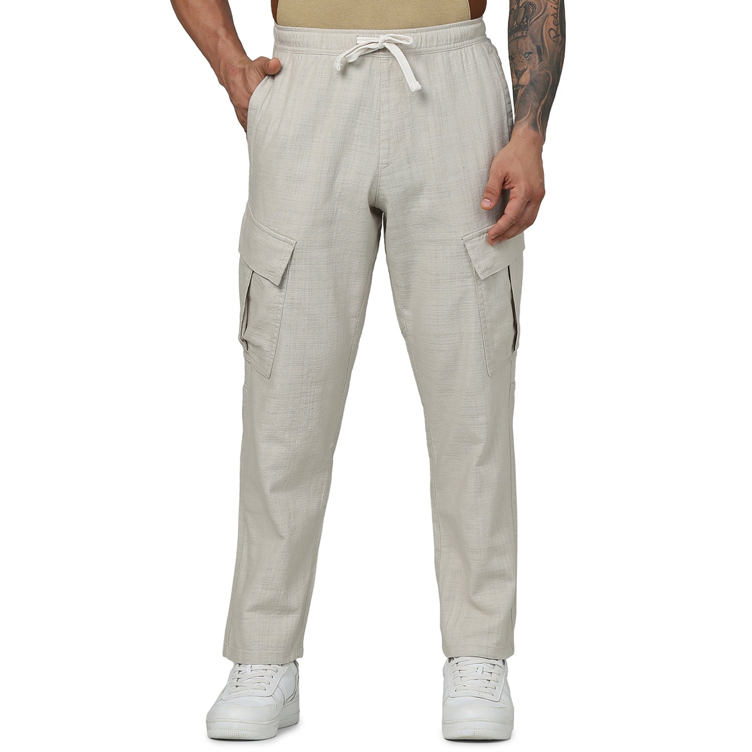 Men's Beige Solid Loose Fit Cotton Cargo Trousers (GOCARGO2)