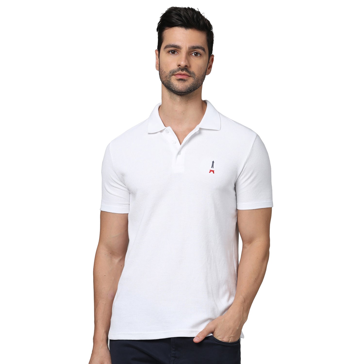 Men's White Polo Collar Solid Regular Fit Cotton Basic Polo Tshirts (GEWAFFLE)