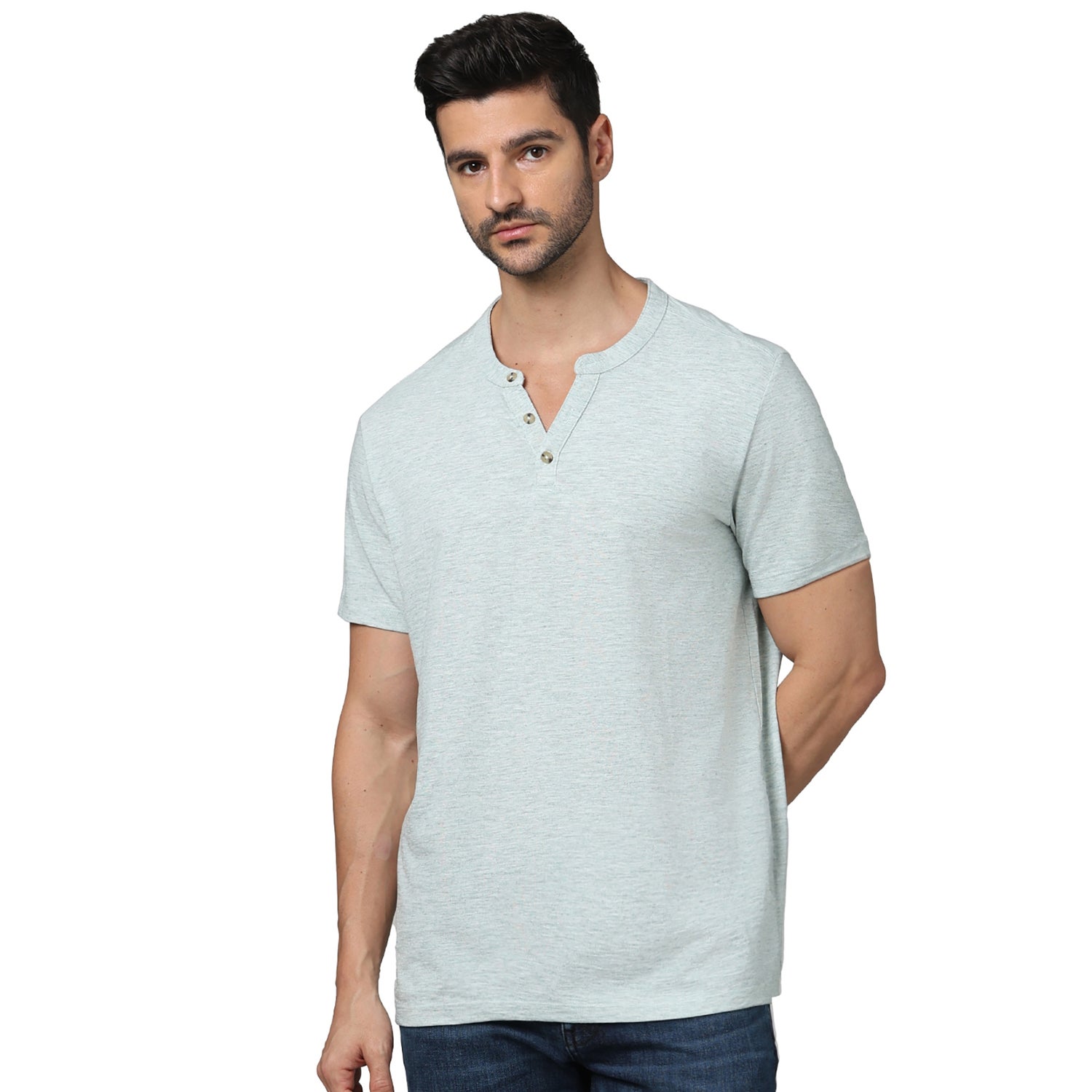 Men's Green Henley Neck Solid Regular Fit Cotton Casual Tshirts (CEGETI2)