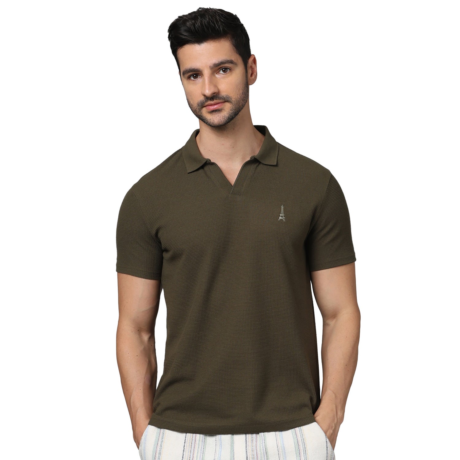 Men's Olive Polo Collar Solid Regular Fit Cotton Basic Polo Tshirts (GEWAFFLE2)