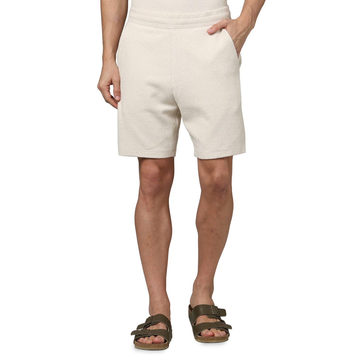 Men's Beige Solid Regular Fit Cotton Fashion Casual Shorts (GOBOUCLEIN)