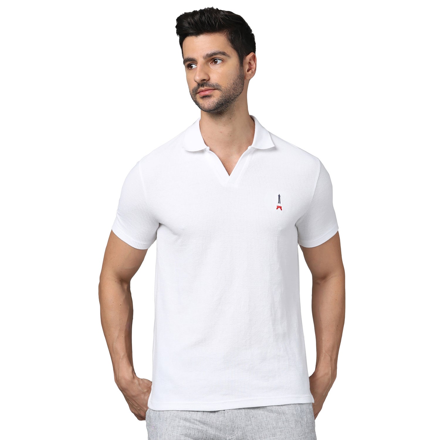 Men's White Polo Collar Solid Regular Fit Cotton Basic Polo Tshirts (GEWAFFLE2)