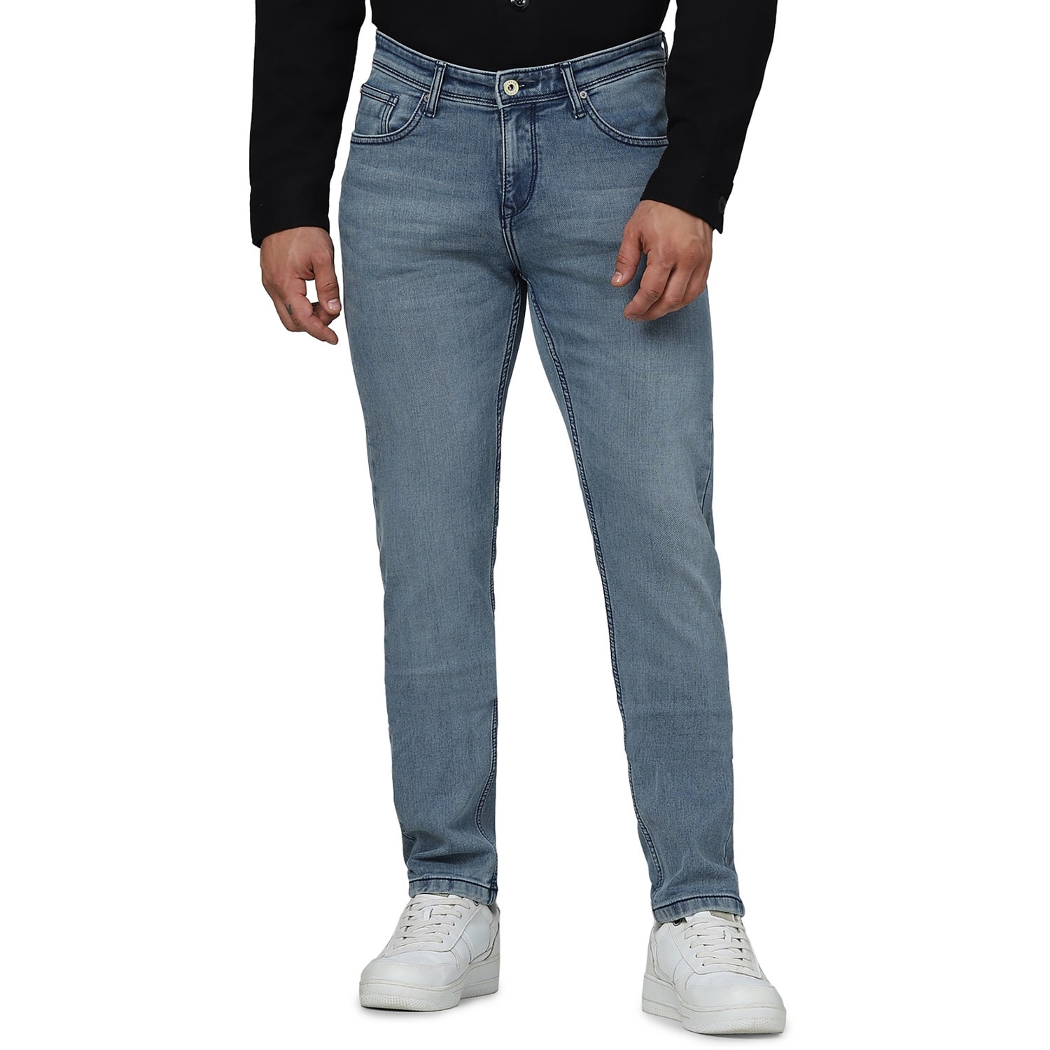 Men's Blue Solid Slim Fit Cotton Knit Denim Jeans (GODOB25)