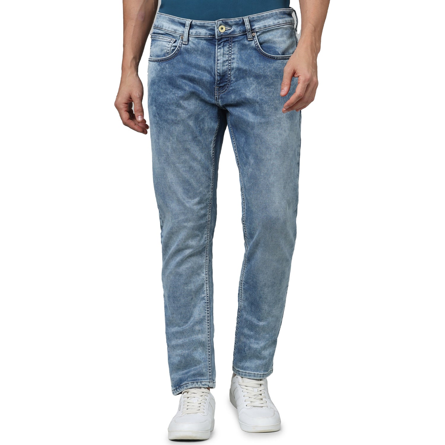 Men's Blue Solid Slim Fit Cotton Knit Denim Jeans (GOQUAD25)
