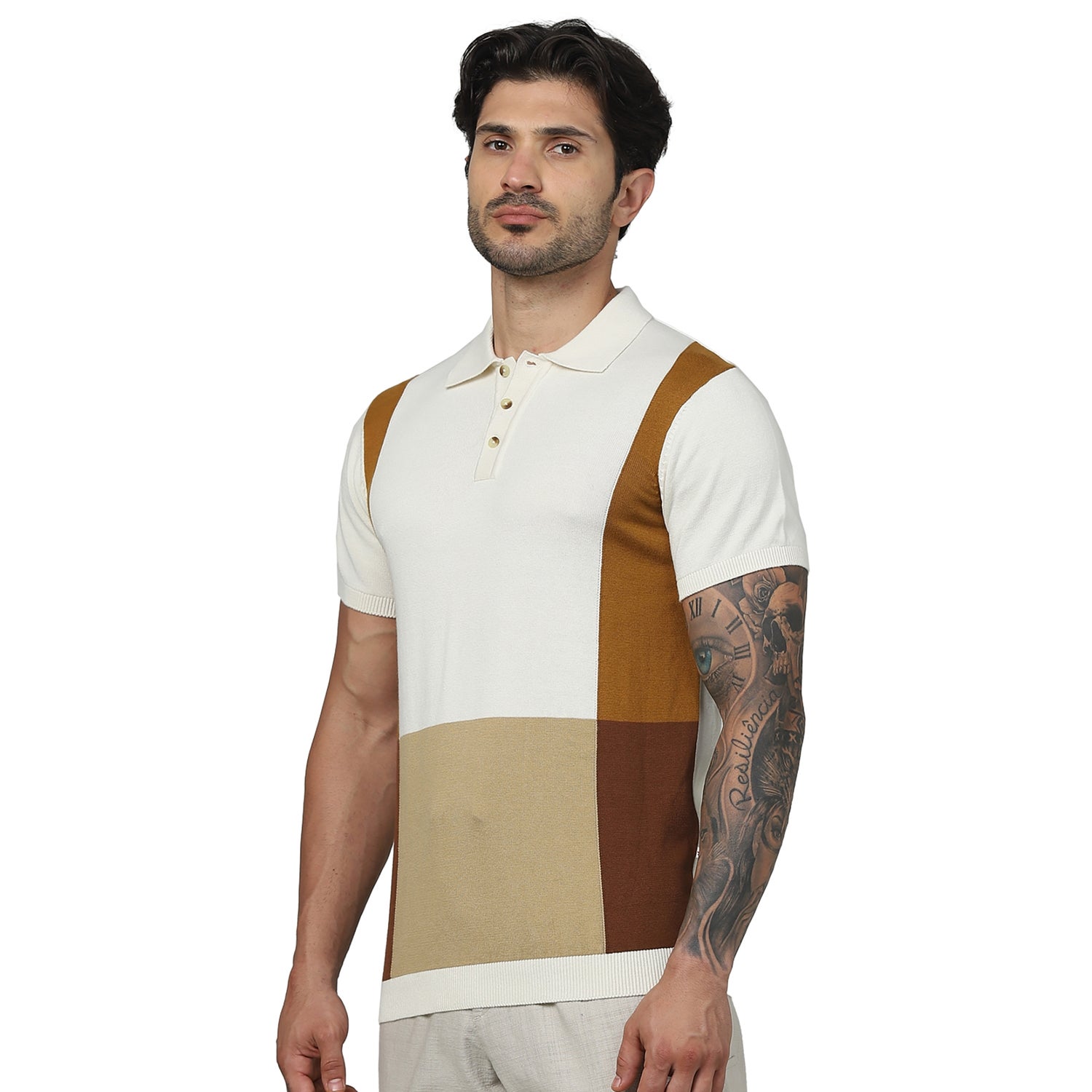 Men's Beige Polo Collar Colourblocked Regular Fit Cotton Flat Knit Tshirts (GEBOX)