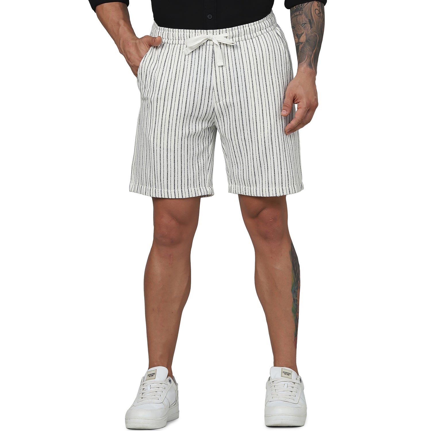 Men's Beige Striped Regular Fit Polyester Fashion Casual Shorts (GOSTRIPEBM)