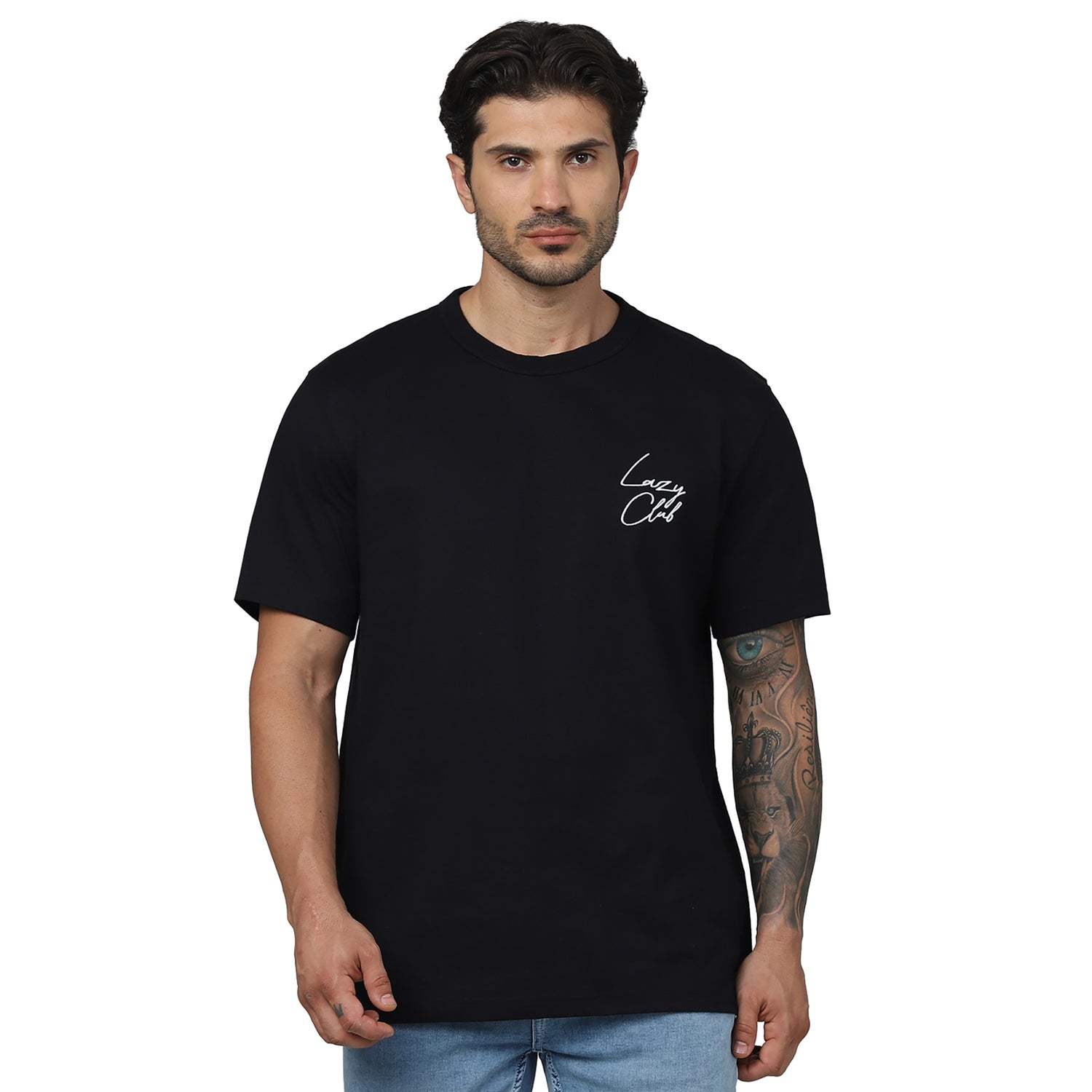 Men's Black Round Neck Printed Regular Fit Cotton Basic Tshirts (GEDOUBLOS)