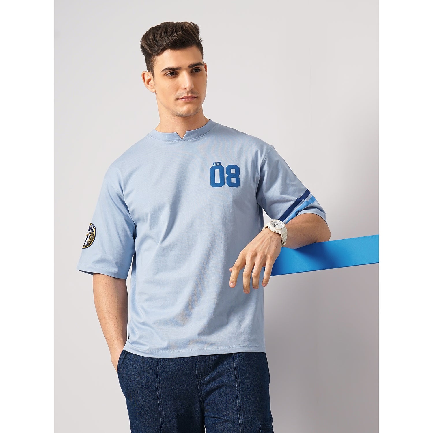 Celio x Mumbai Indians - Light Blue Graphic Printed Cotton Oversized Crew Neck T-shirt (LCEMUM4)