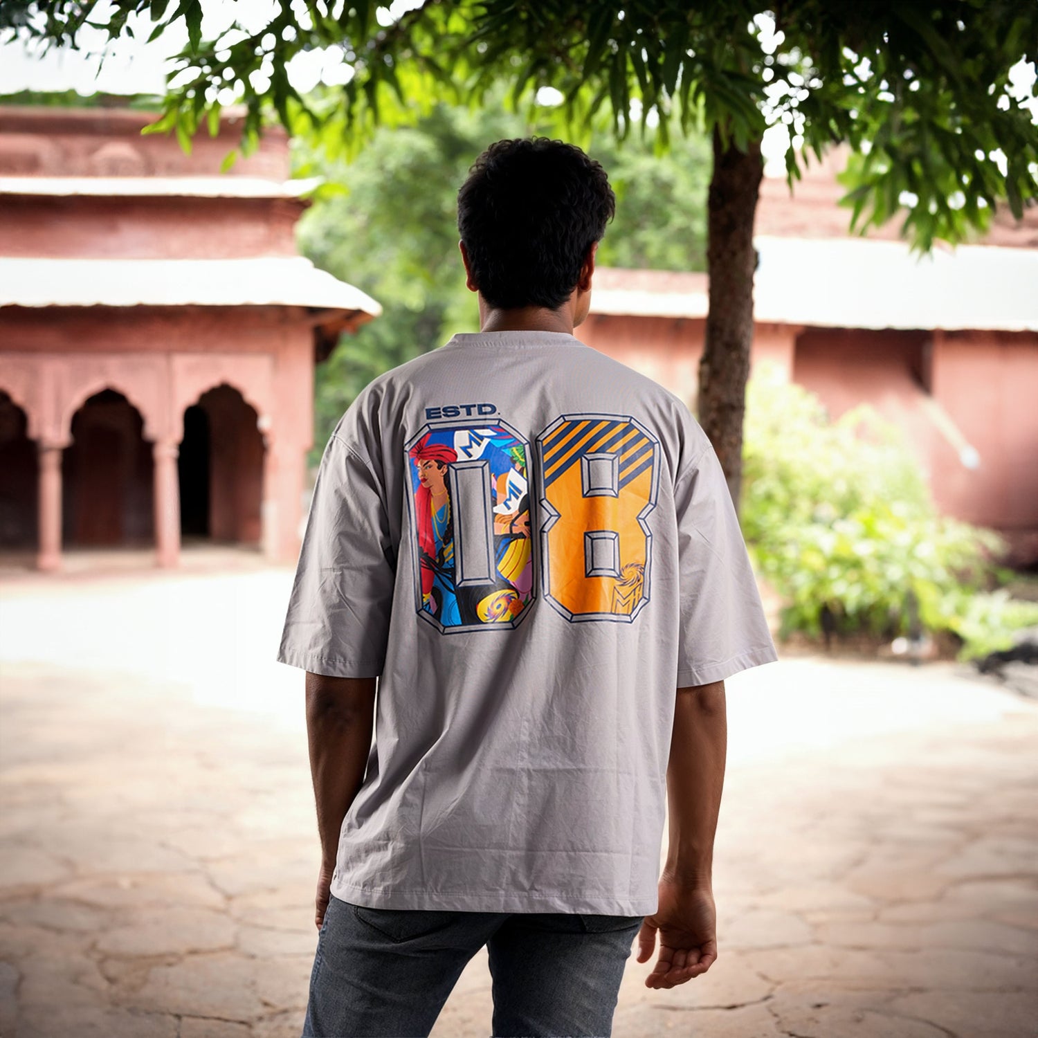 Celio x Mumbai Indians - Grey Graphic Printed Cotton Oversized Crew Neck T-shirt (LCEMUM2)