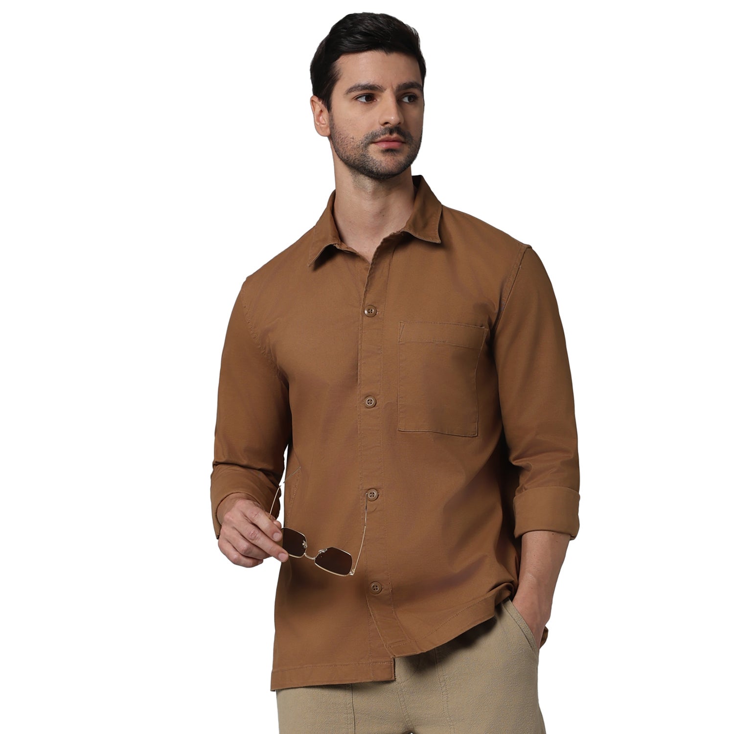 Men Brown Spread Collar Solid Oversized Cotton French Collar Casual Shirt (GACHARLES)