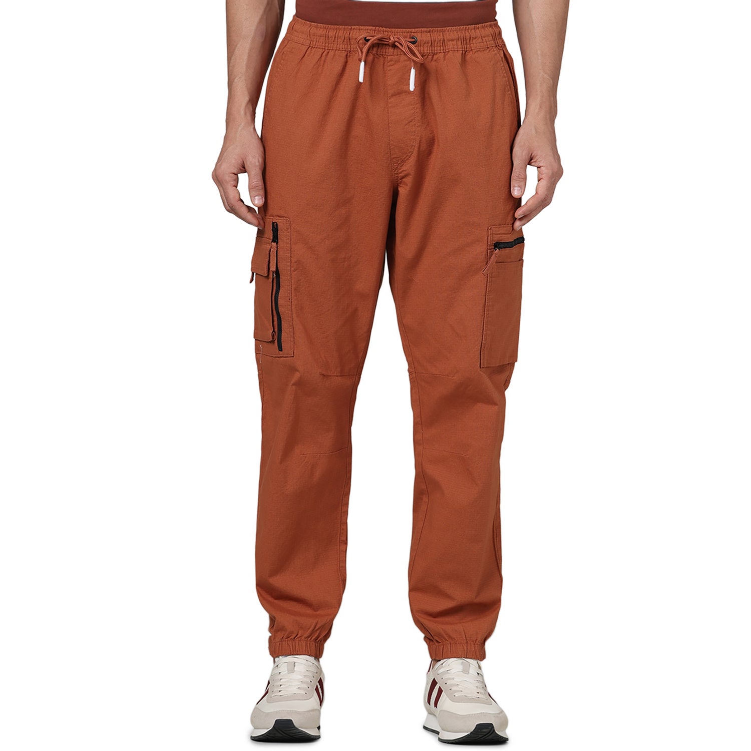 Men Orange Solid Regular Fit Cotton Cargo Trousers (FOZIP1)