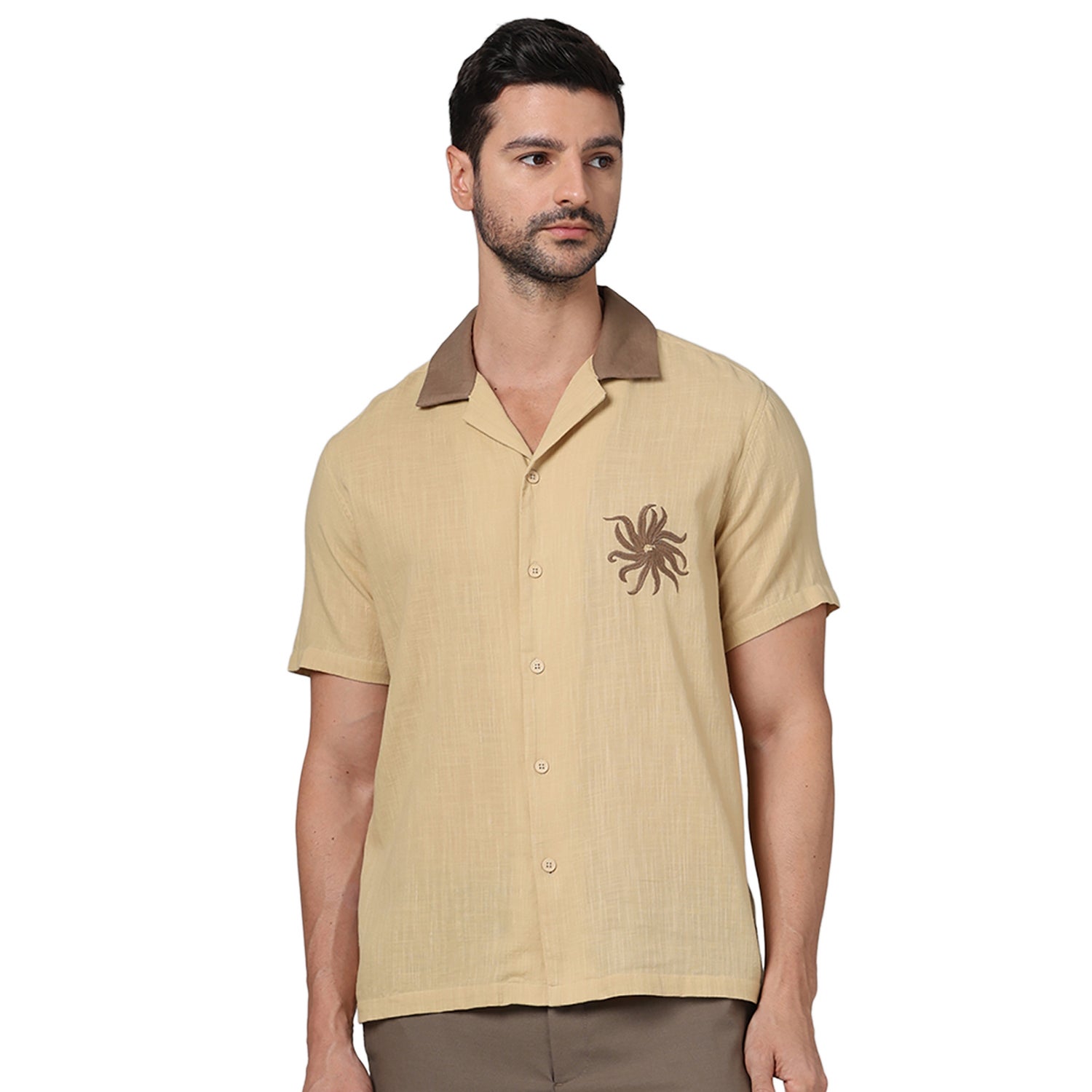 Men Brown Spread Collar Solid Regular Fit Cotton Casual Shirt (GAEMB2)