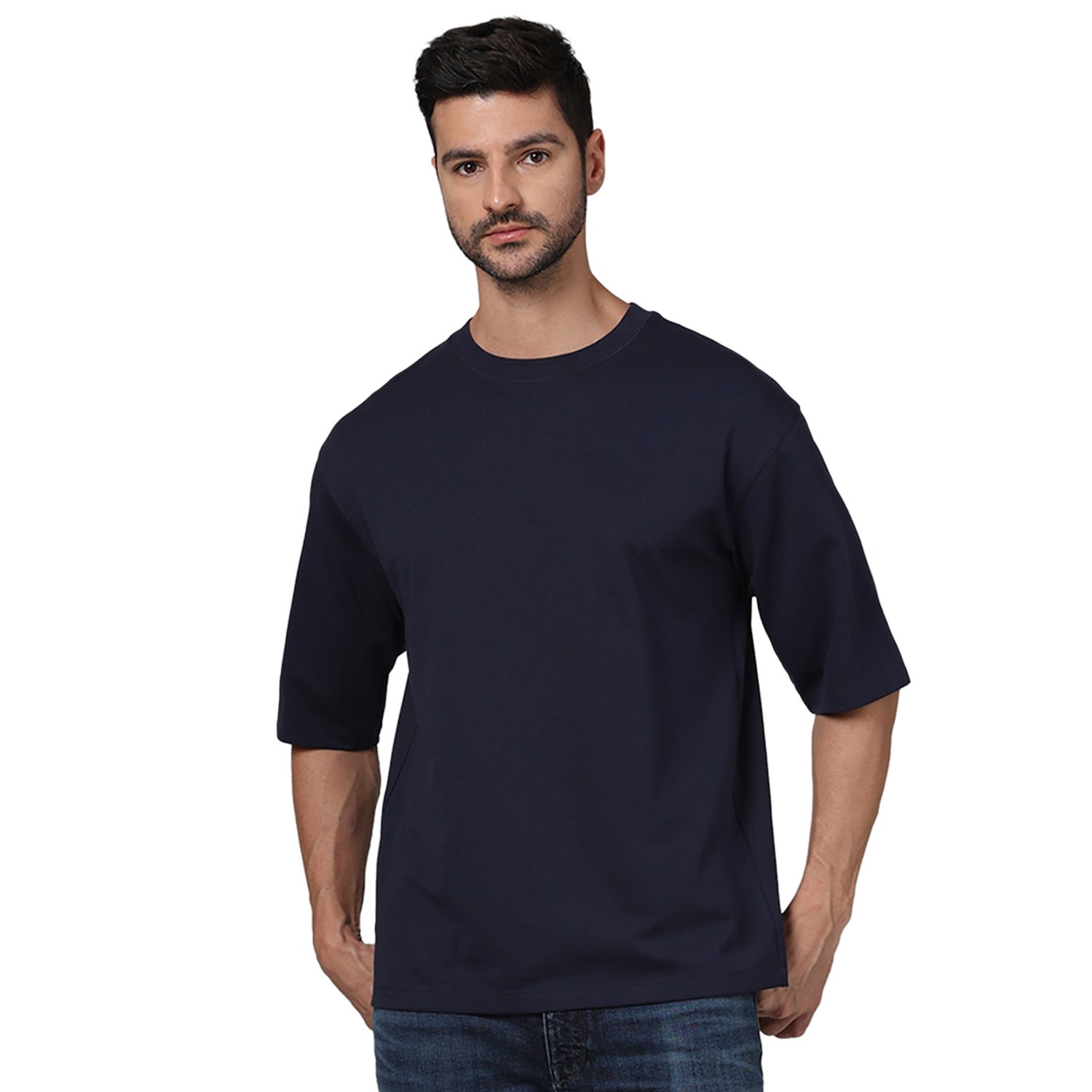 Men Navy Blue Round Neck Solid Regular Fit Cotton Tshirt (GEHEM1)