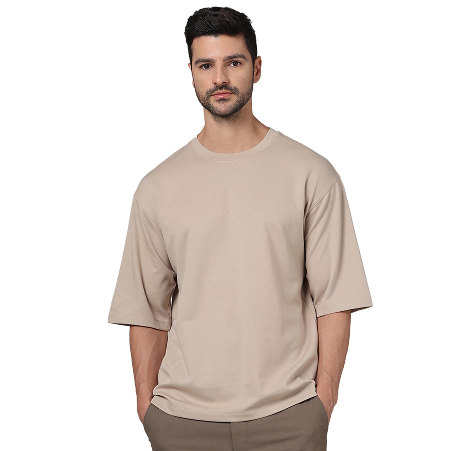 Men Beige Round Neck Solid Regular Fit Cotton Tshirt (GEHEM1)
