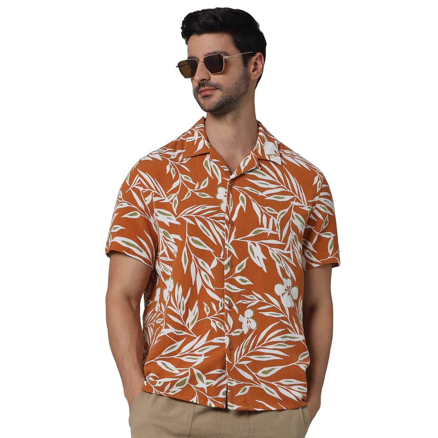 Men Orange Spread Collar Printed Regular Fit Viscose Rayon Soft Touch Casual Shirt (GAFRESH)