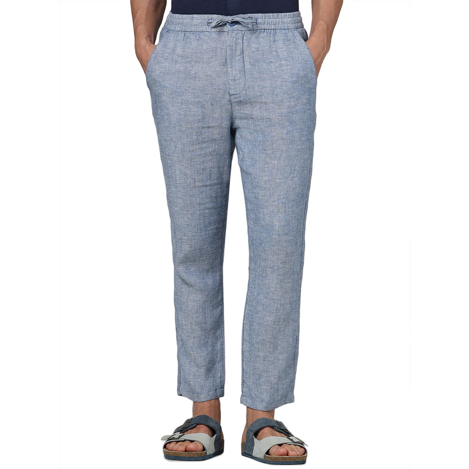 Men Blue Solid Regular Fit Linen Trousers (DOLINUS1)