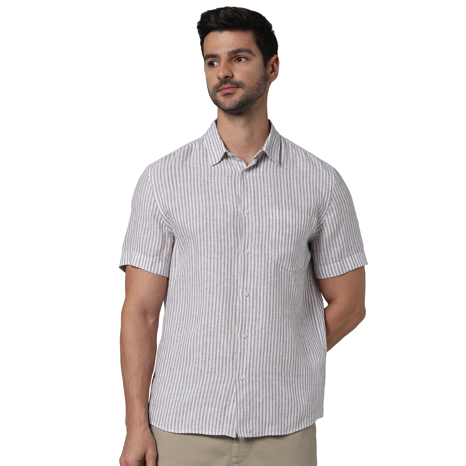 Men Beige Spread Collar Striped Regular Fit Linen Casual Shirt (DAMARLIN3)
