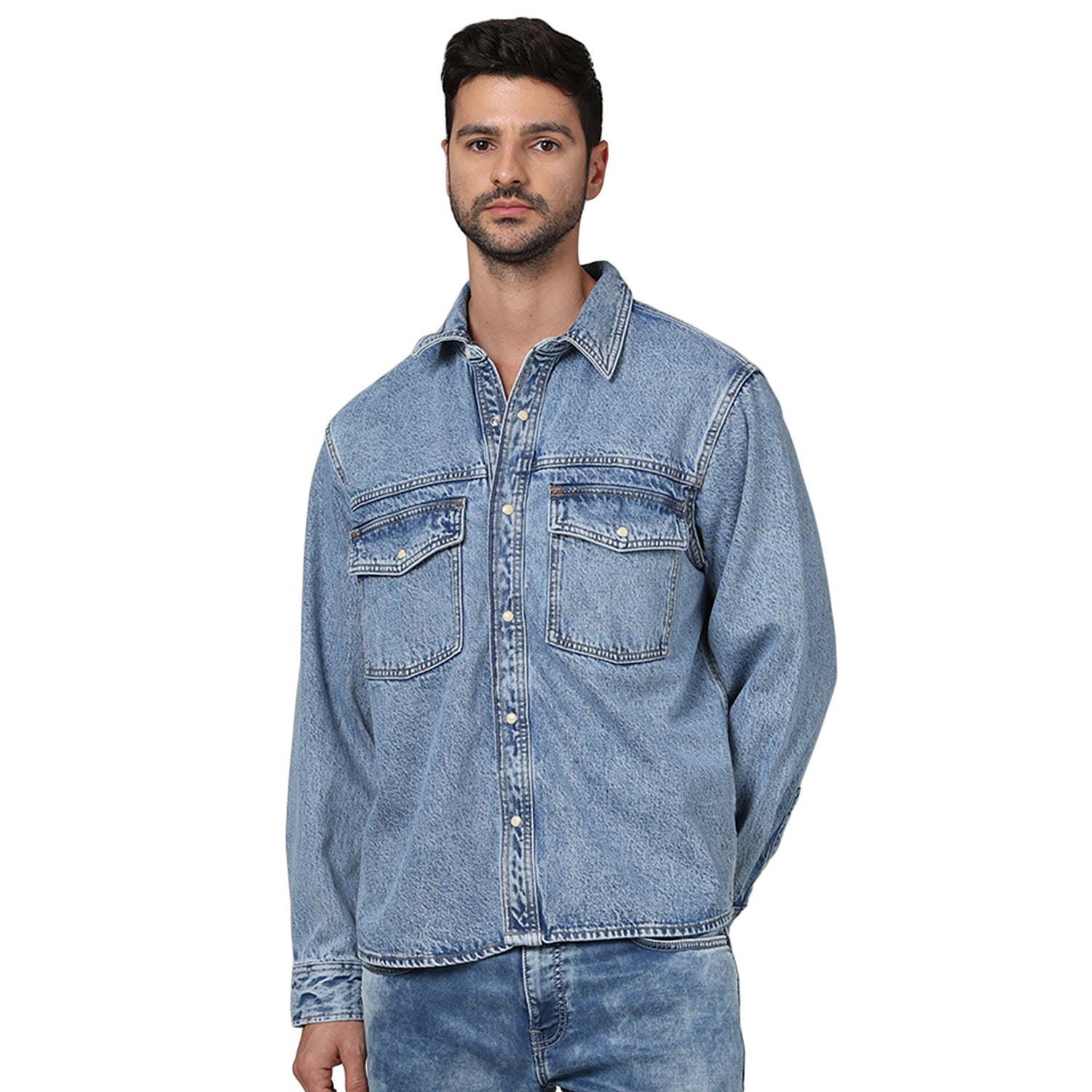 Men Blue Spread Collar Solid Oversized Cotton Casual Shirt (GASUNIM)