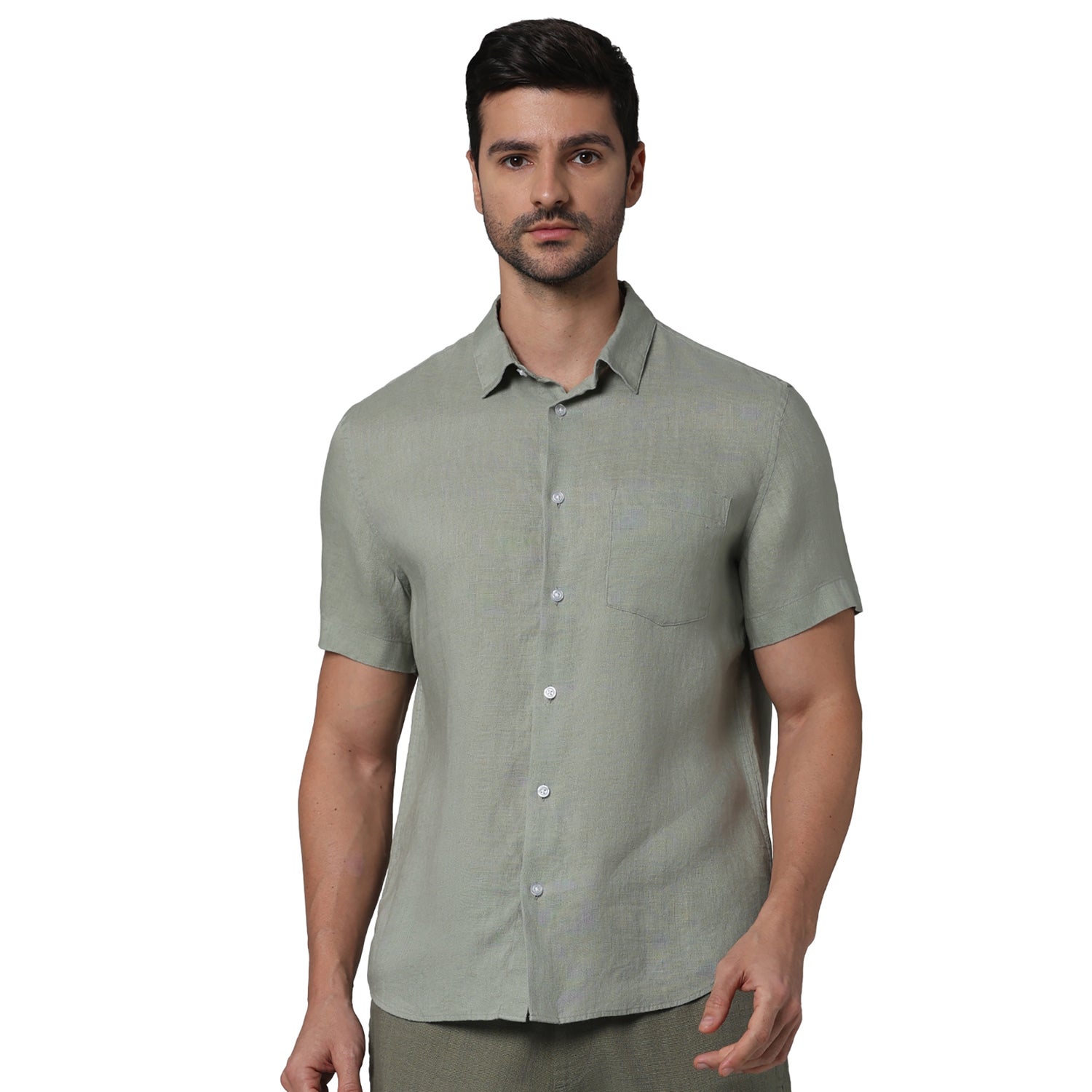 Men Green Spread Collar Solid Regular Fit Linen Casual Shirt (DAMARLIN3)
