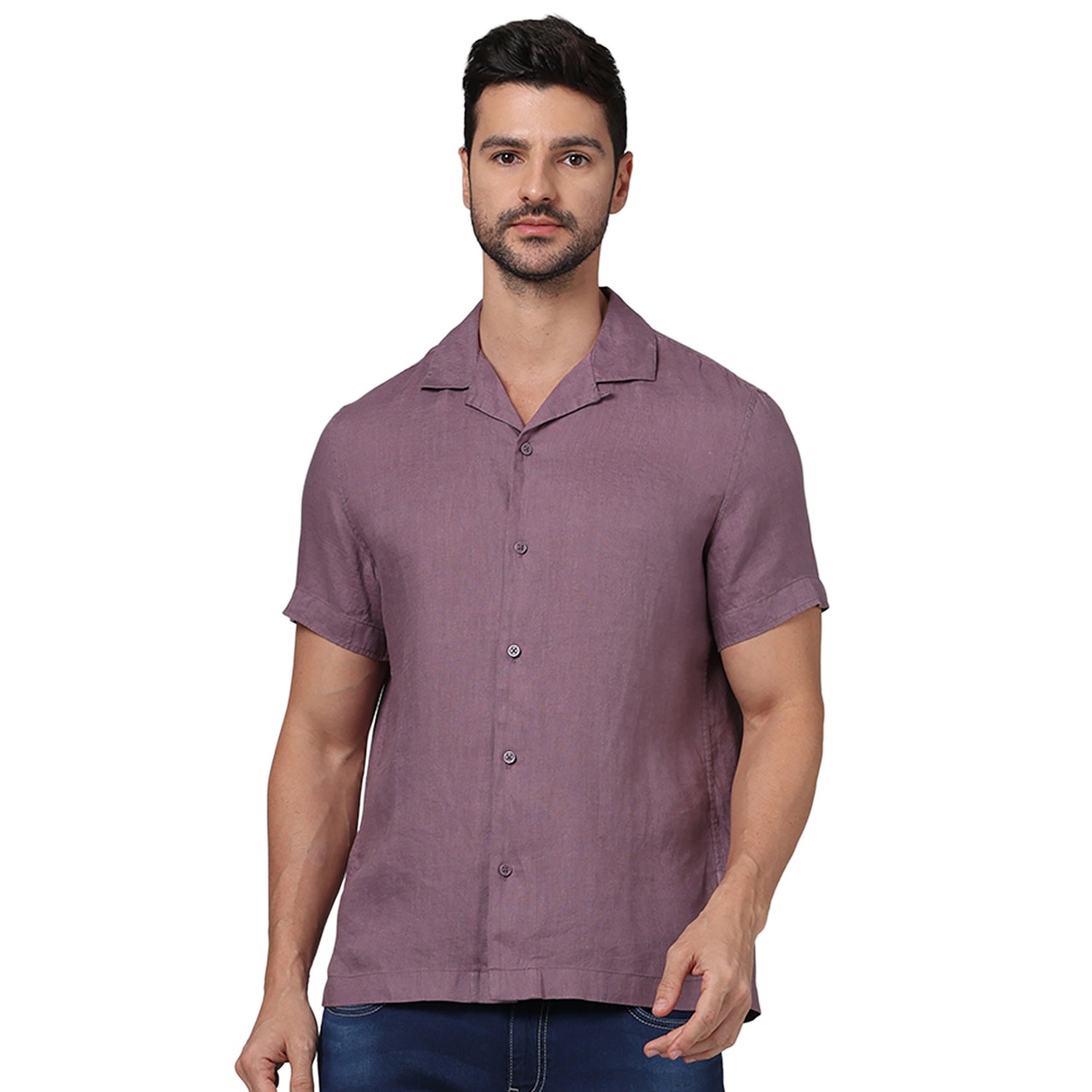 Men Purple Spread Collar Solid Regular Fit Linen Casual Shirt (GASURF)