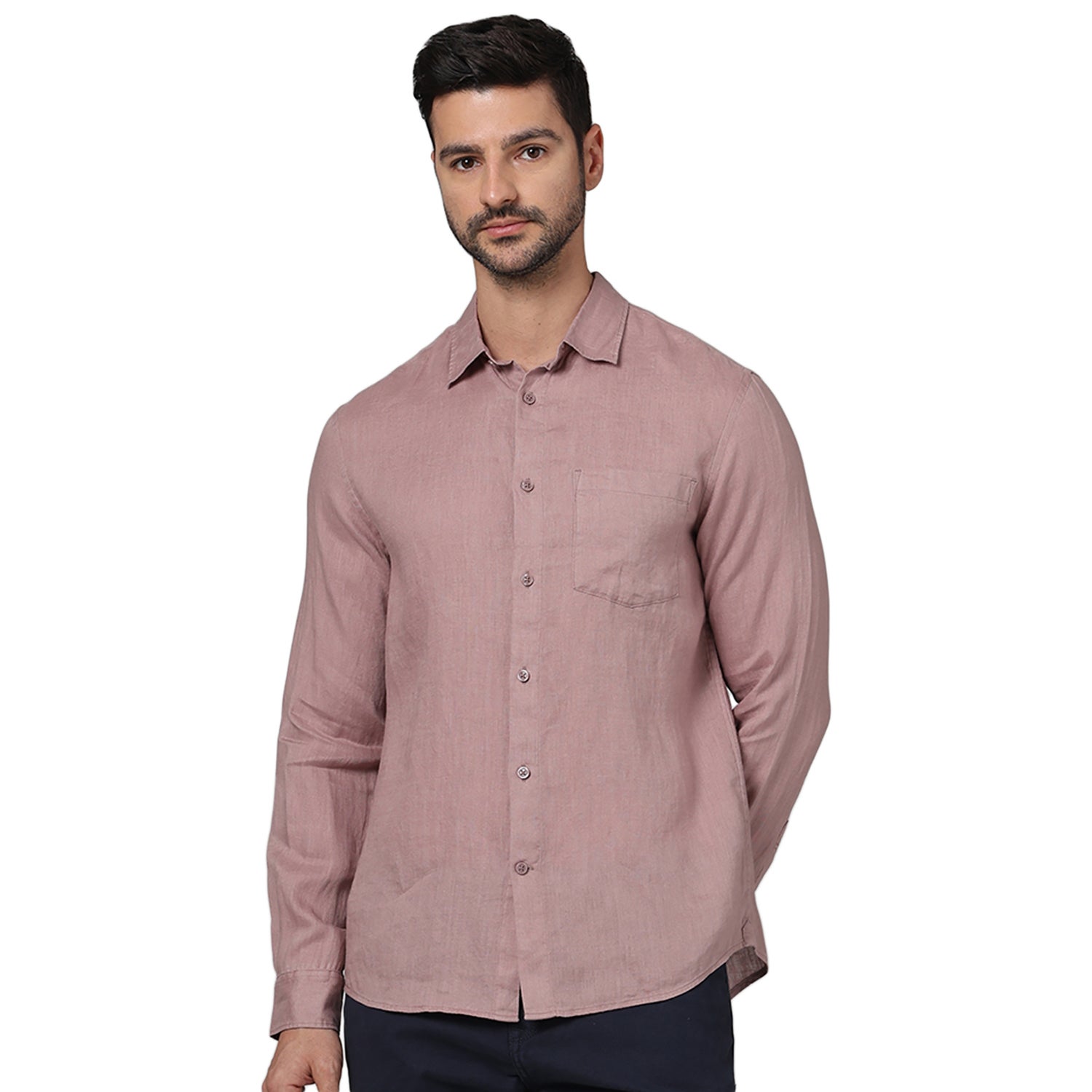 Men Mauve Spread Collar Solid Regular Fit Linen Casual Shirt (GATALINO)