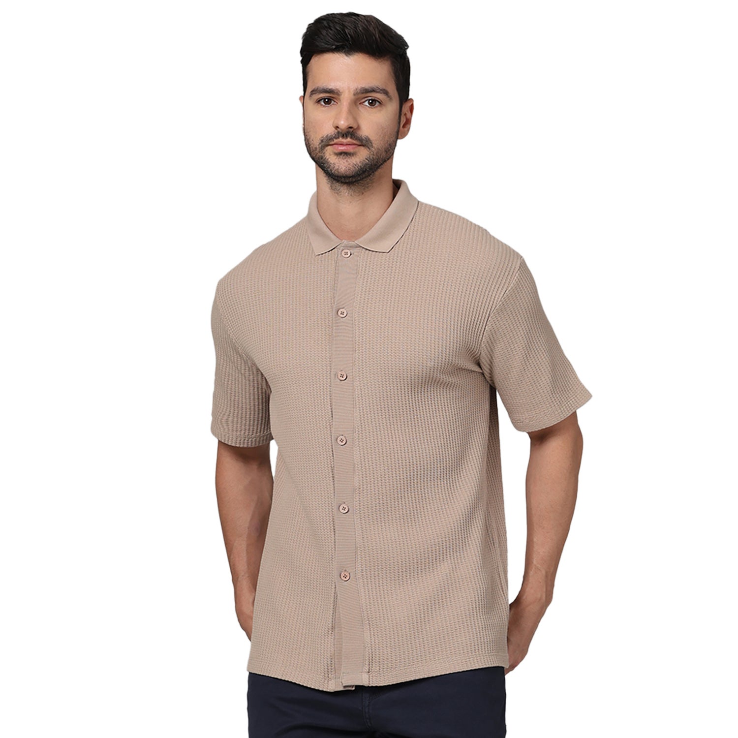Men Beige Spread Collar Solid Regular Fit Cotton Flat Knit Casual Shirt (GABAWAFFLE)