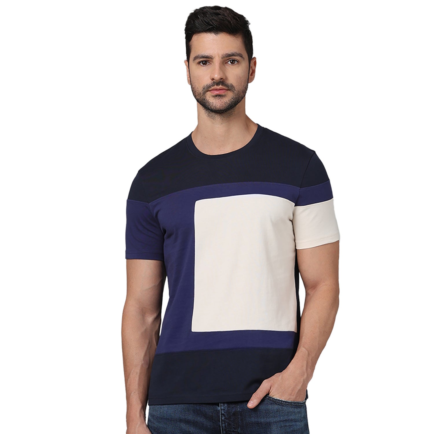 Men Navy Blue Round Neck Colourblocked Regular Fit Cotton Fashion Tshirt (GESQUARE)