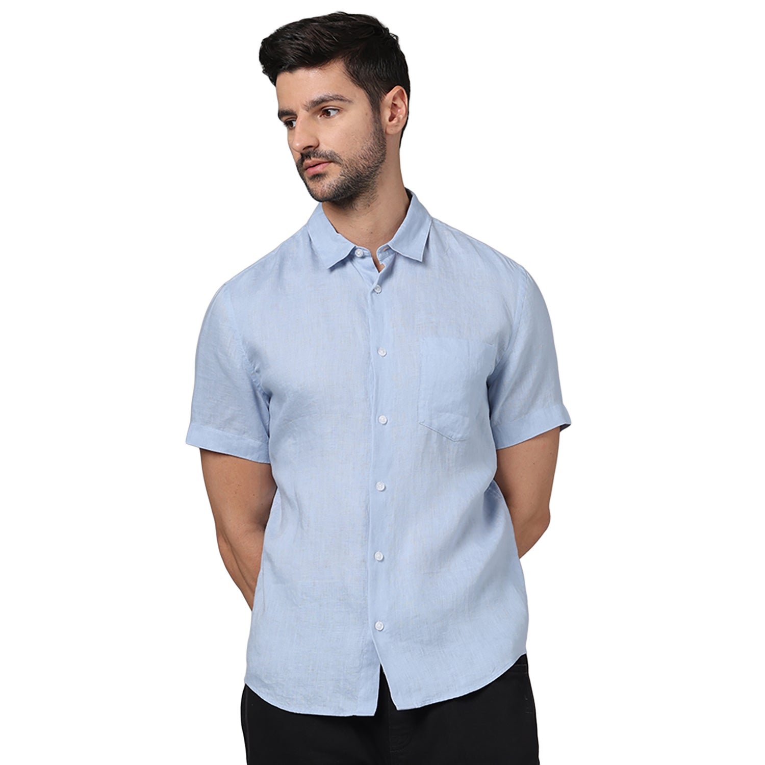 Men Blue Spread Collar Solid Regular Fit Linen Casual Shirt (GACARAO)