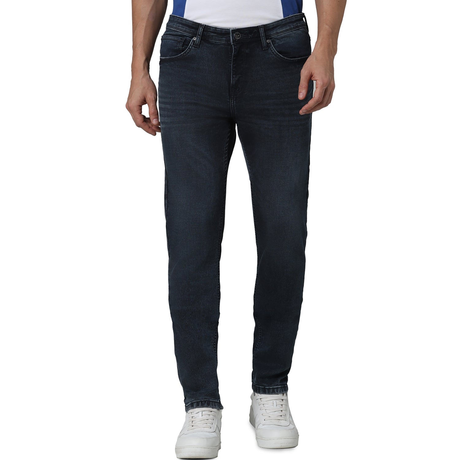 Men Blue Solid Slim Fit Cotton Knit Dobby Jeans (GORAIN25)