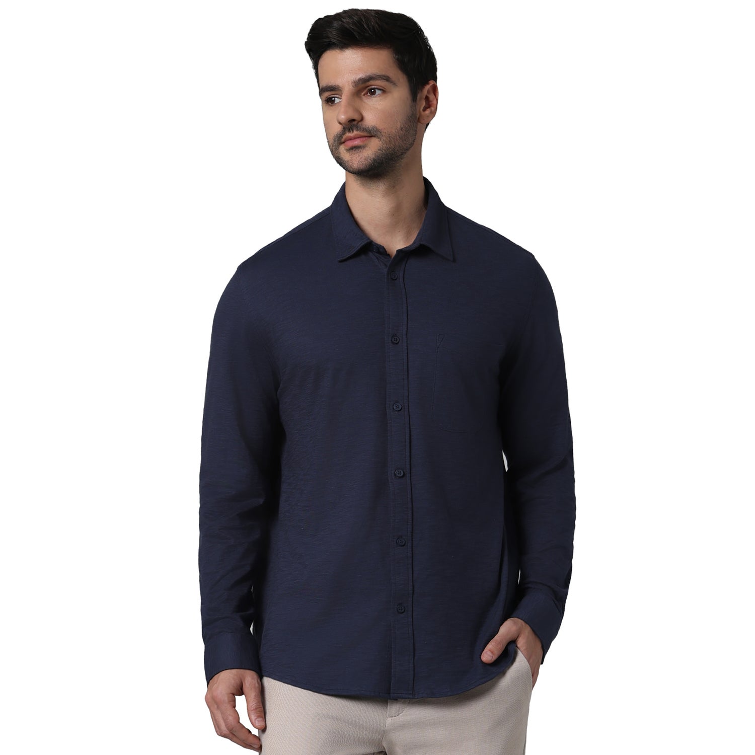 Men Navy Blue Spread Collar Solid Regular Fit Cotton Knit Casual Shirt (GASELLE)