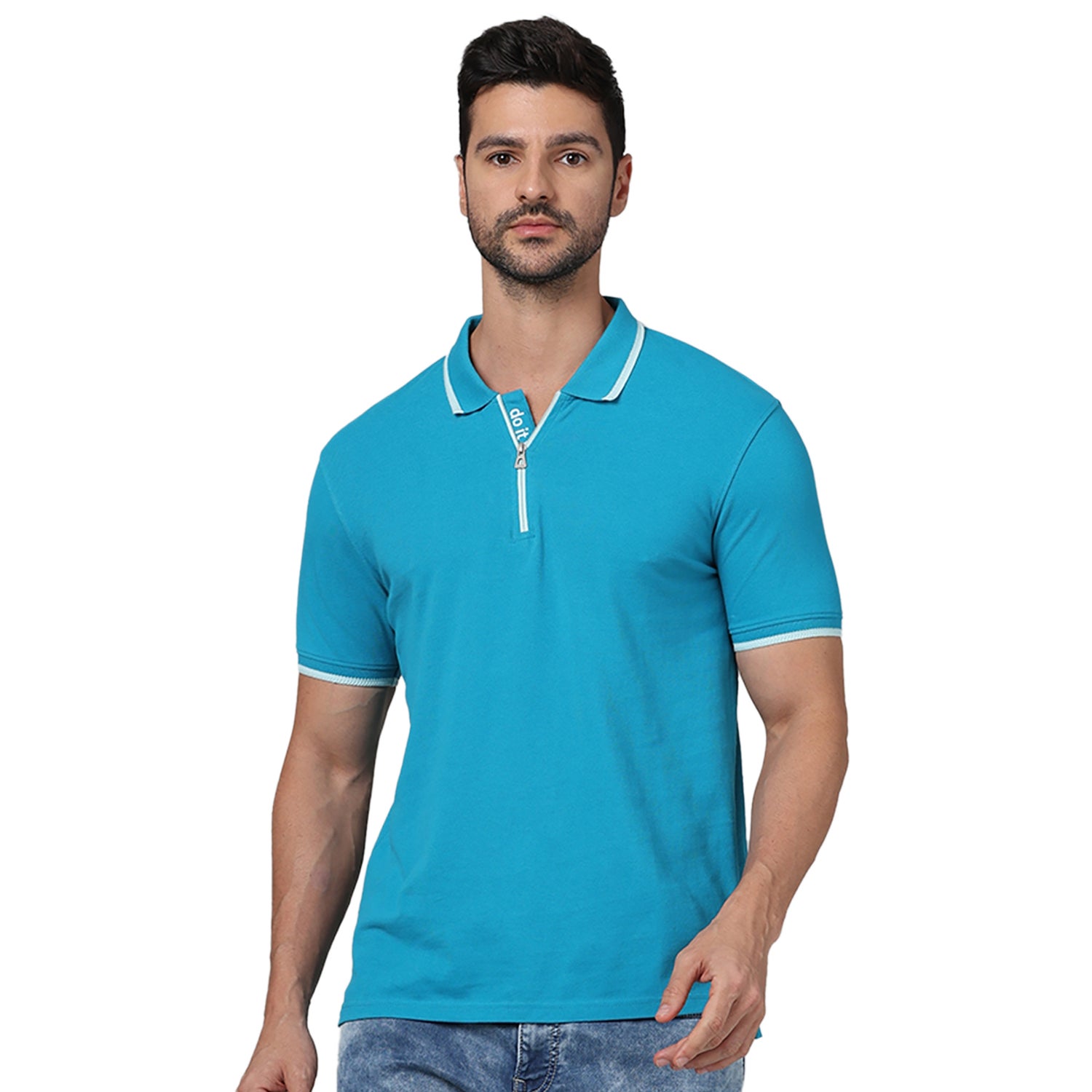 Men Blue Polo Collar Solid Regular Fit Cotton Fashion Polo Tshirt (GEDOIT)