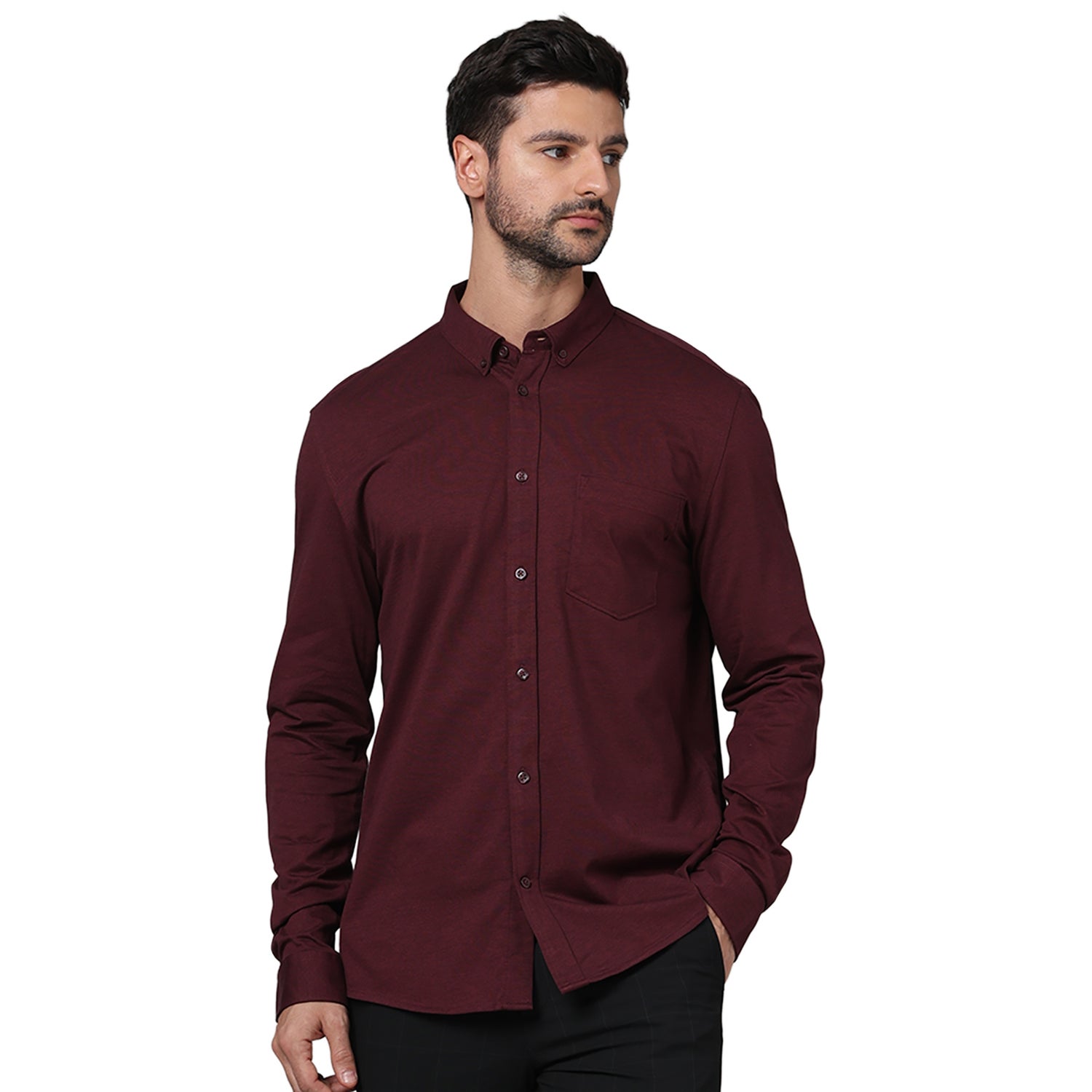 Men Burgundy Button-Down Collar Solid Regular Fit Cotton Knit Casual Shirt (BAPIK1)