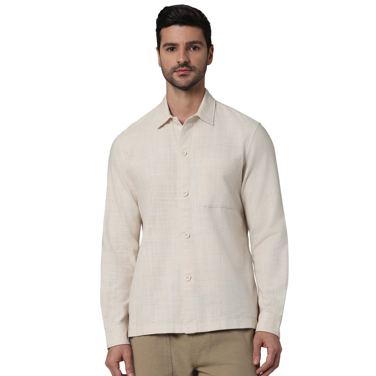 Men Off White Spread Collar Solid Oversized Cotton French Collar Casual Shirt (GASUCOTE)