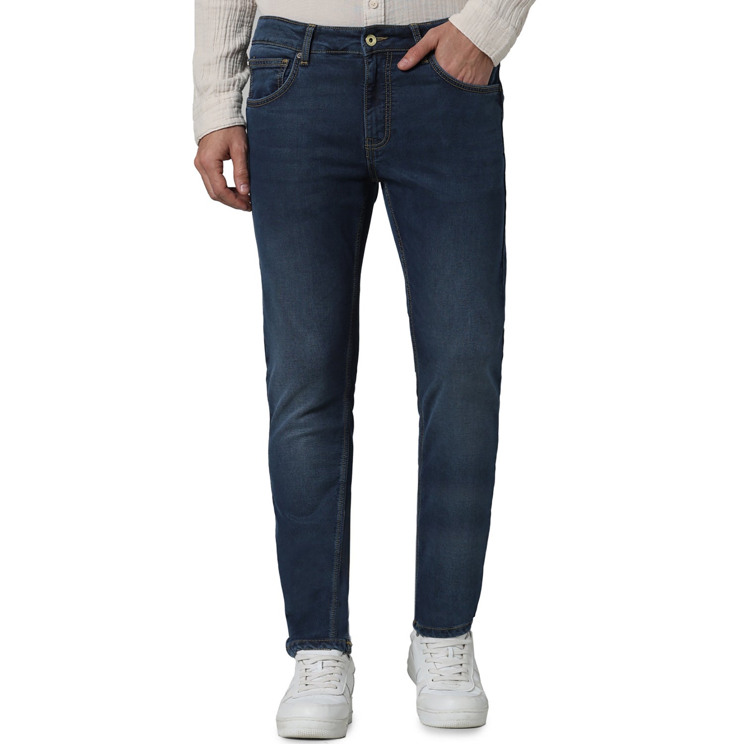 Men Blue Solid Slim Fit Cotton Knit Dobby Jeans (GOQUAD25)
