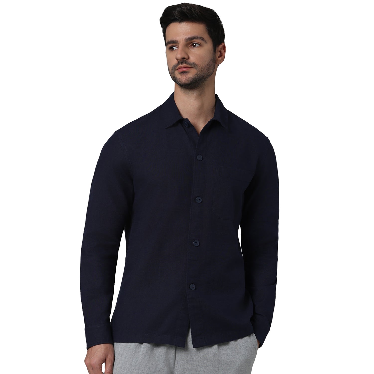 Men Navy Blue Spread Collar Solid Oversized Cotton French Collar Casual Shirt (GASUCOTE)