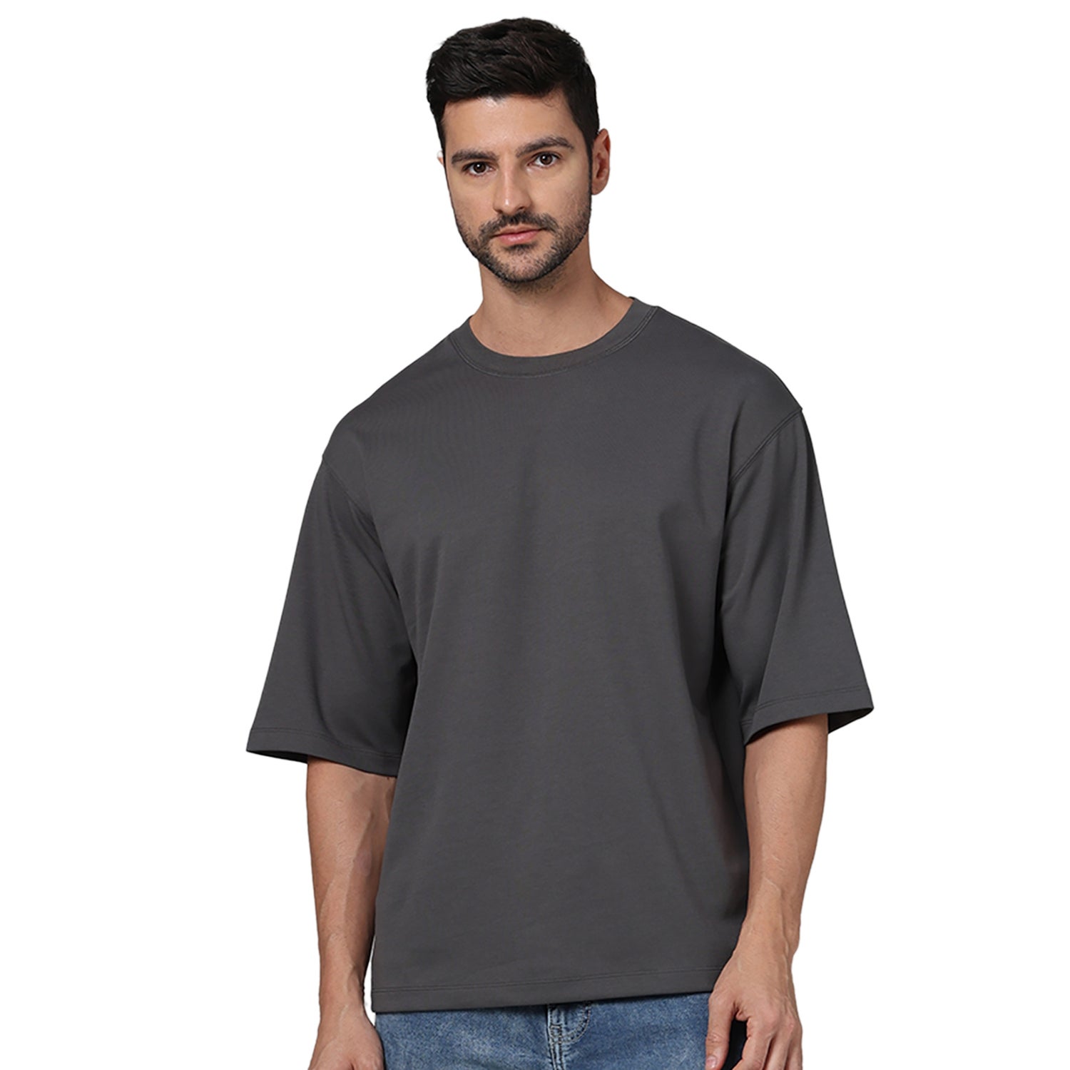 Men Black Round Neck Solid Oversized Cotton Tshirt (GEHEM)