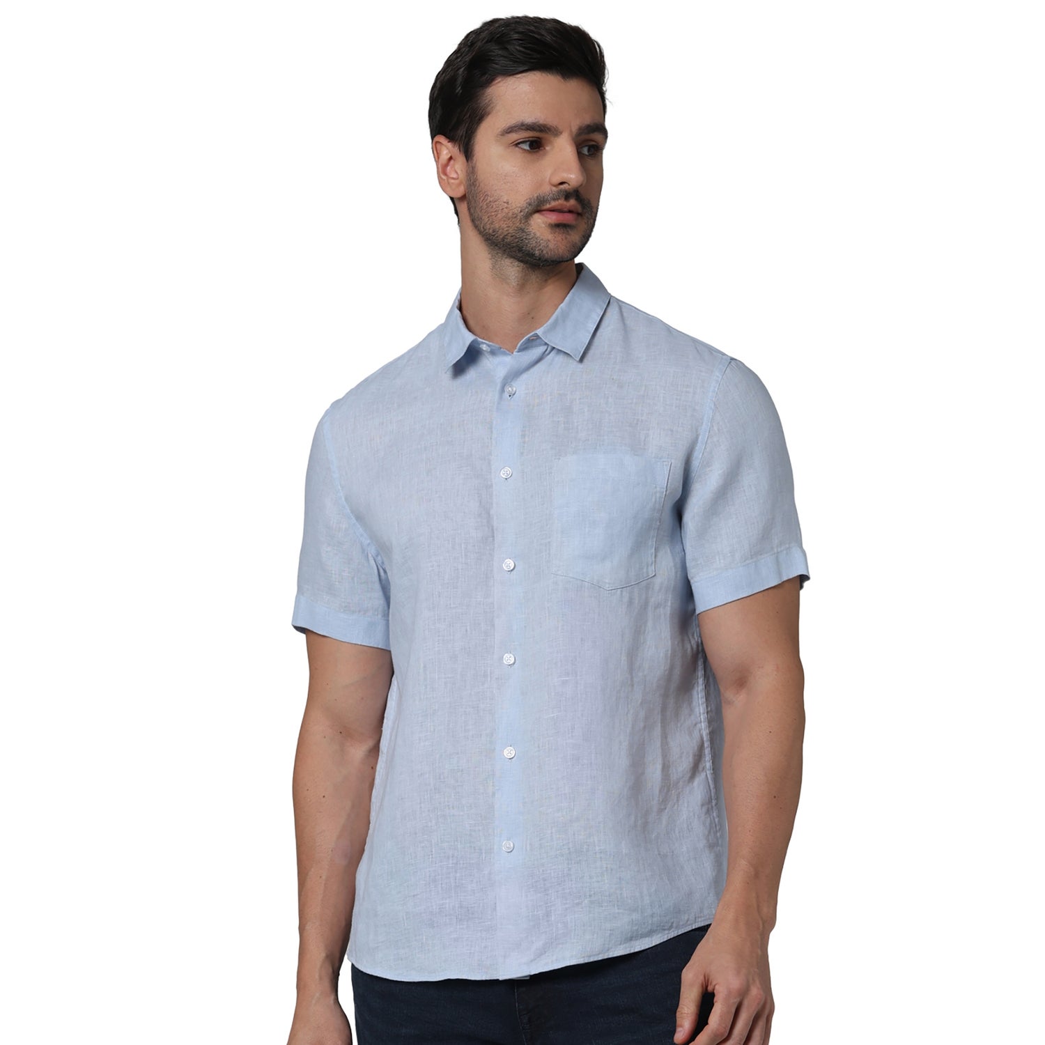 Men Blue Spread Collar Solid Regular Fit Linen Casual Shirt (DAMARLIN3)