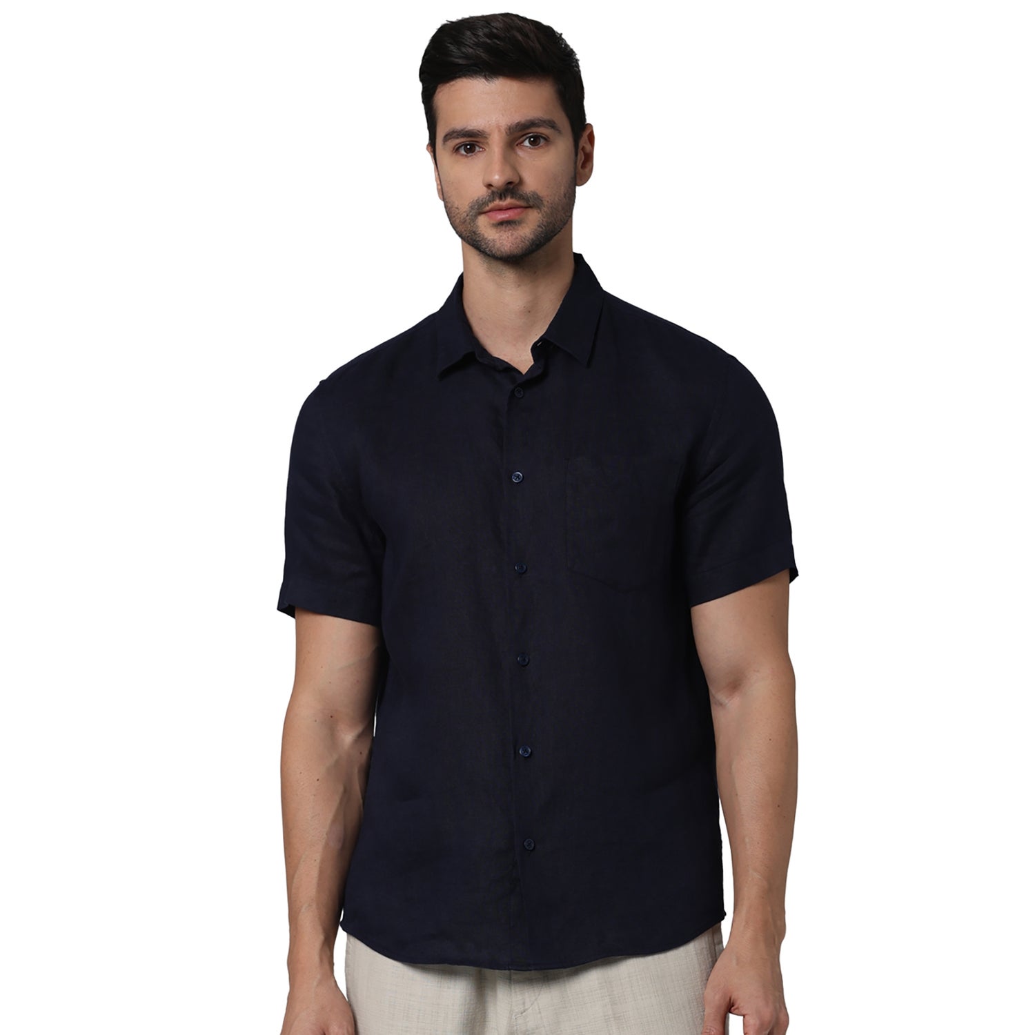 Men Navy Blue Spread Collar Solid Regular Fit Linen Casual Shirt (DAMARLIN3)