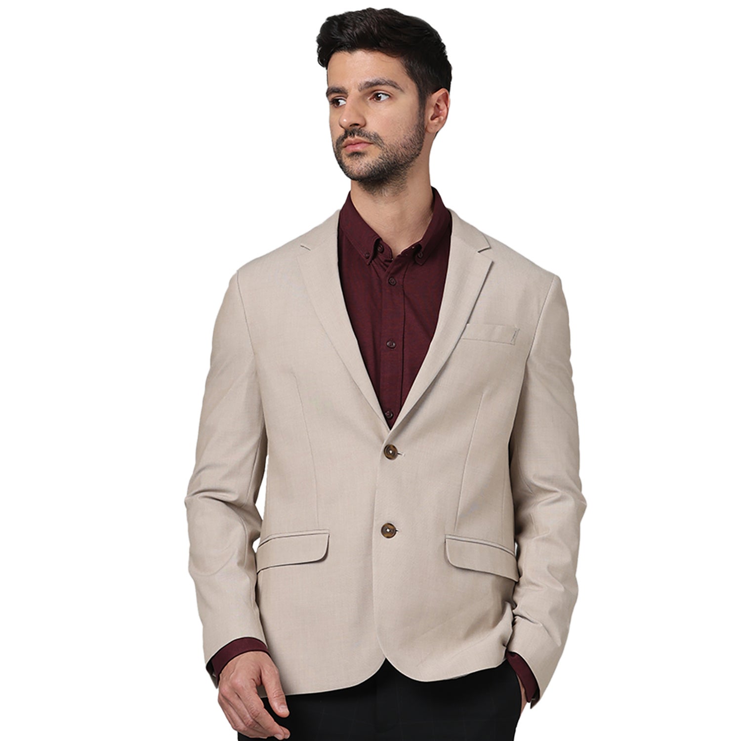 Men Beige Notched Solid Slim Fit Polyester Suit Jacket (FUNEW2)