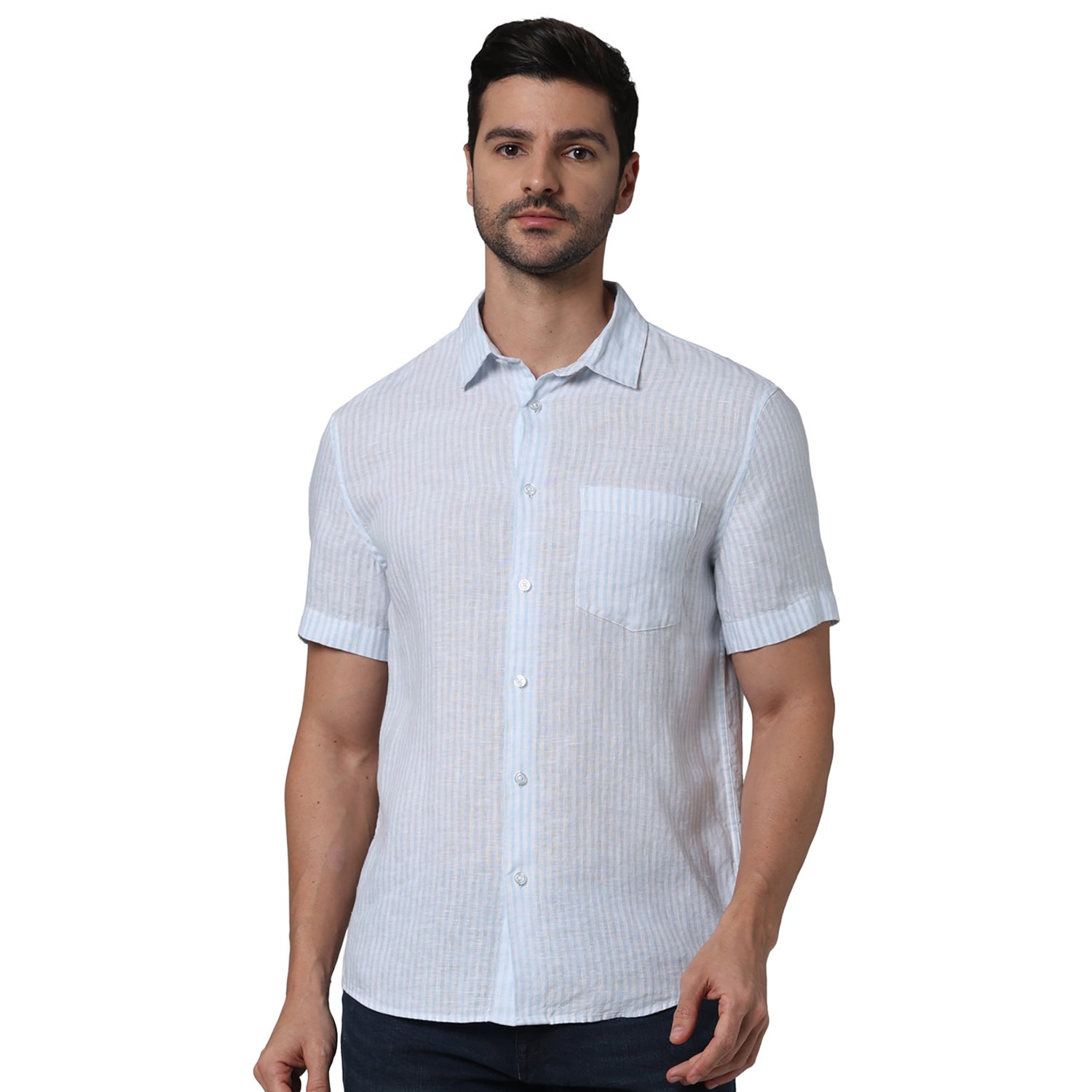 Men Blue Spread Collar Striped Regular Fit Linen Casual Shirt (DAMARLIN3)