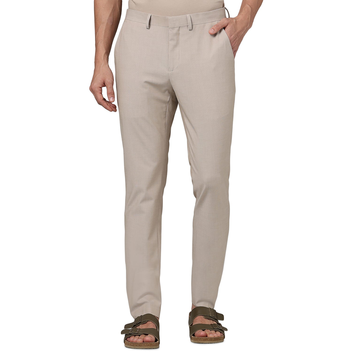 Men Beige Solid Slim Fit Polyester Formal Trousers (FONEW2)