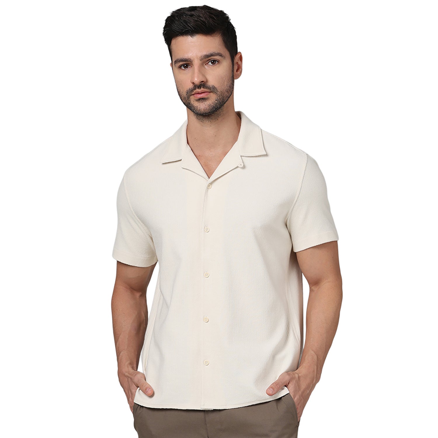 Men Beige Spread Collar Solid Regular Fit Cotton Flat Knit Casual Shirt (GANAISIN)