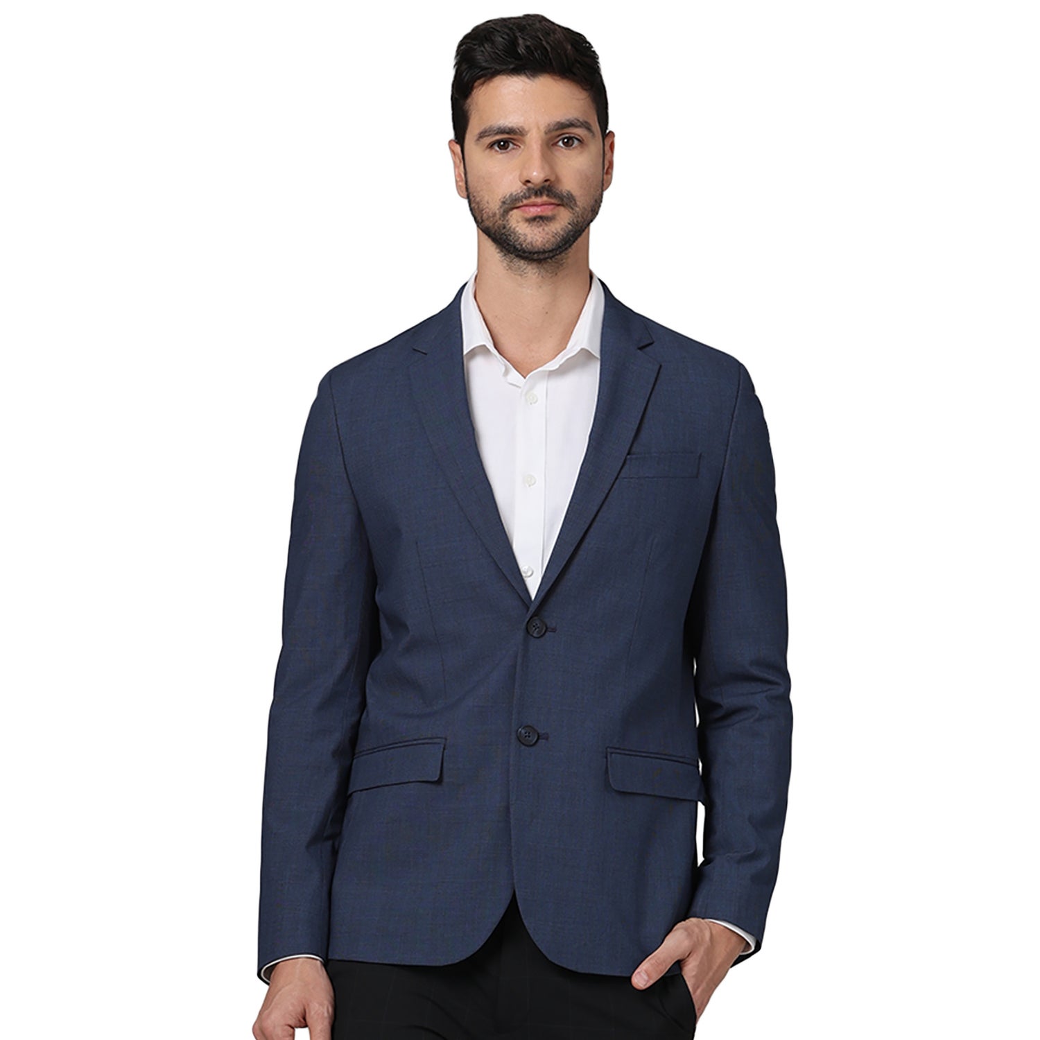 Men Navy Blue Notched Solid Slim Fit Polyester Suit Jacket (GUGABINFUN)