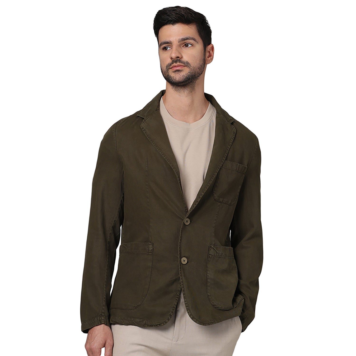 Men Olive Lapel Solid Regular Fit Cotton Casual Jacket (FUCOAT)