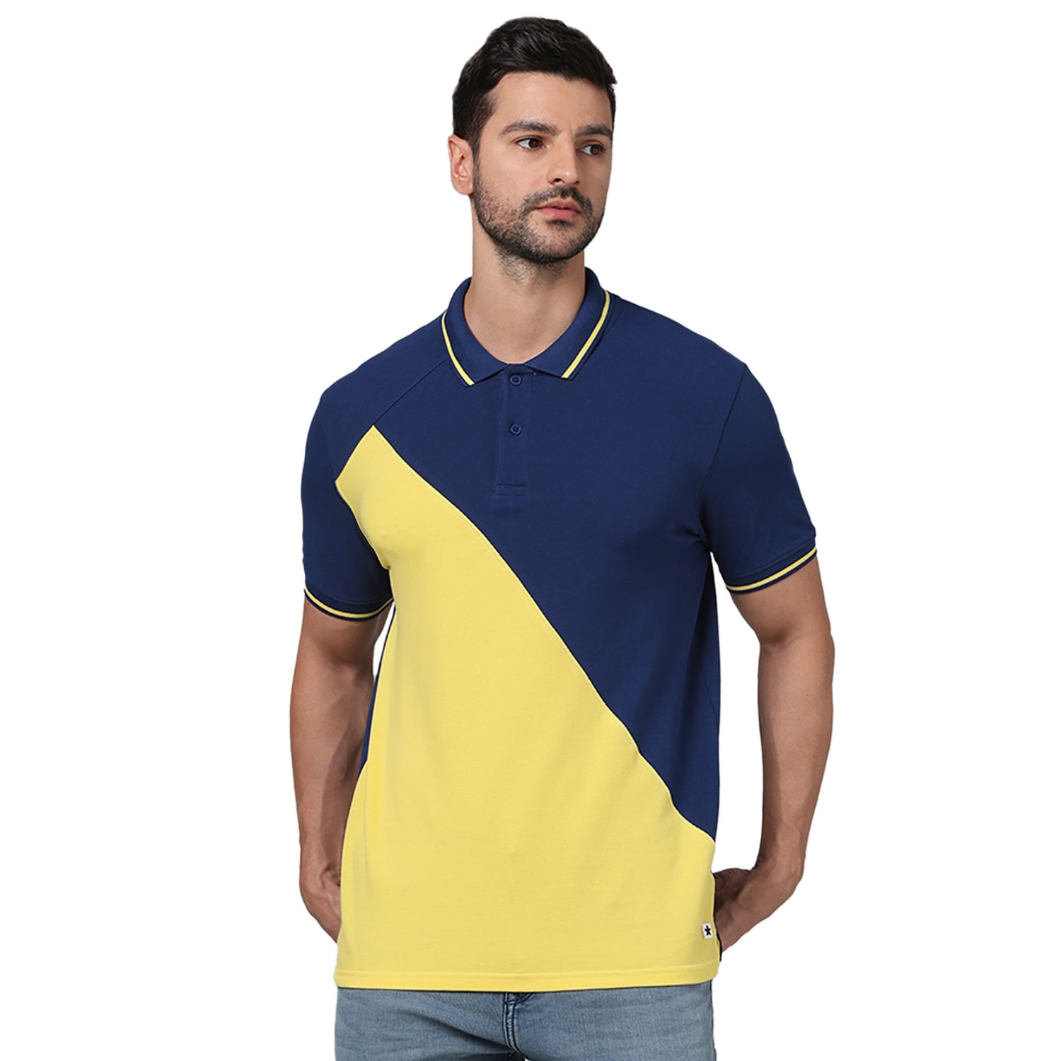 Men Yellow Polo Collar Colourblocked Regular Fit Cotton Fashion Polo Tshirt (GECROSS)