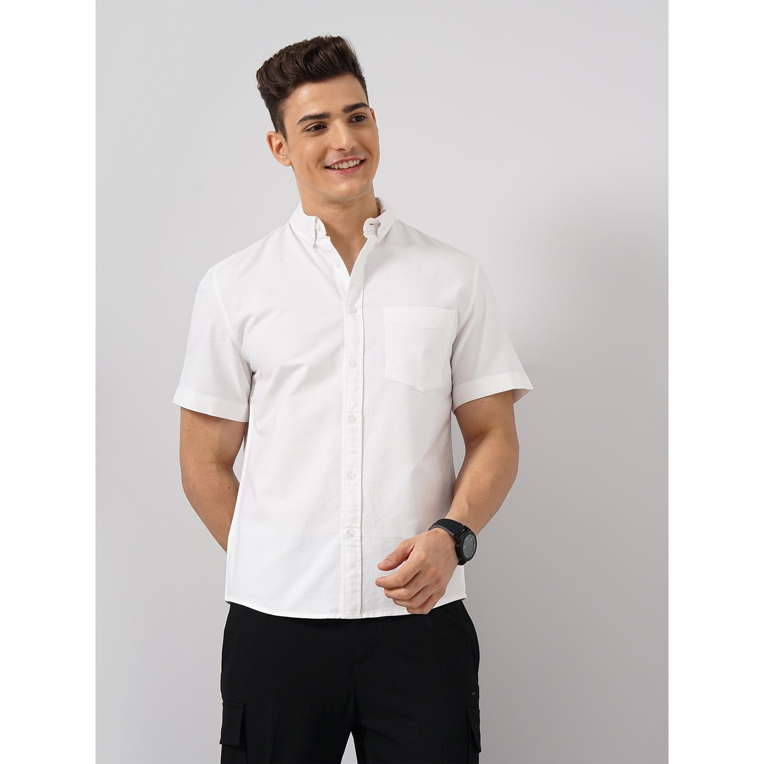 Men White Button-Down Collar Solid Regular Fit Cotton Casual Shirt (DAXFORDMC)