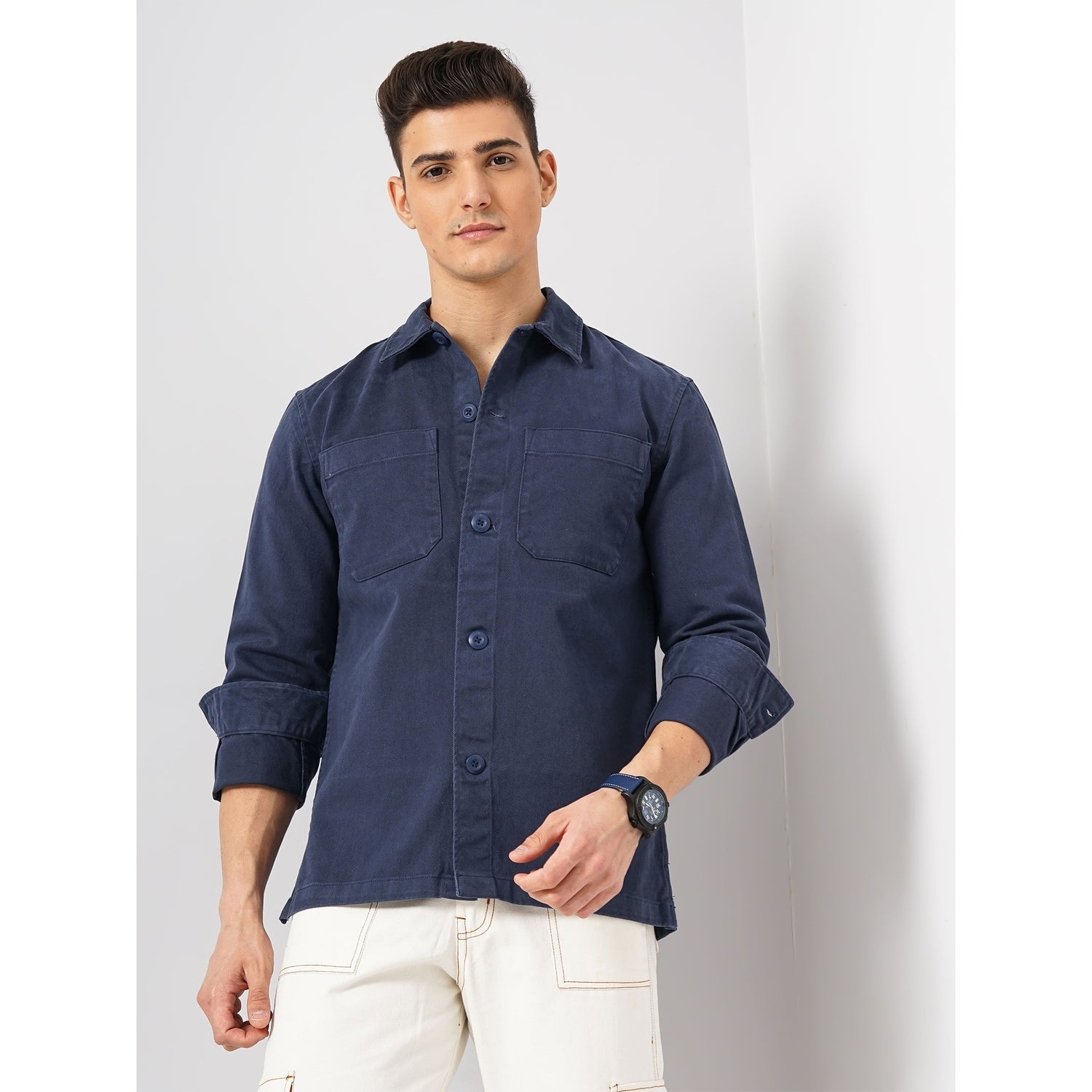 Men Navy Blue Spread Collar Solid Oversized Cotton Overshirt (GACOTWILL)